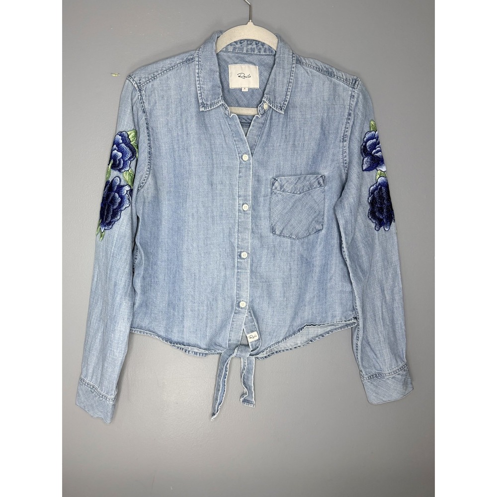 Rails Shirt Womens S Blue Chambray Floral Embroidered Cropped Tie Front Top